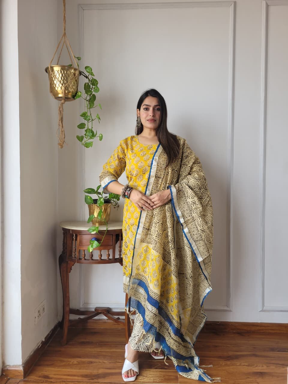 Yellow Bagru Hand Block Printed Linen Suit Set